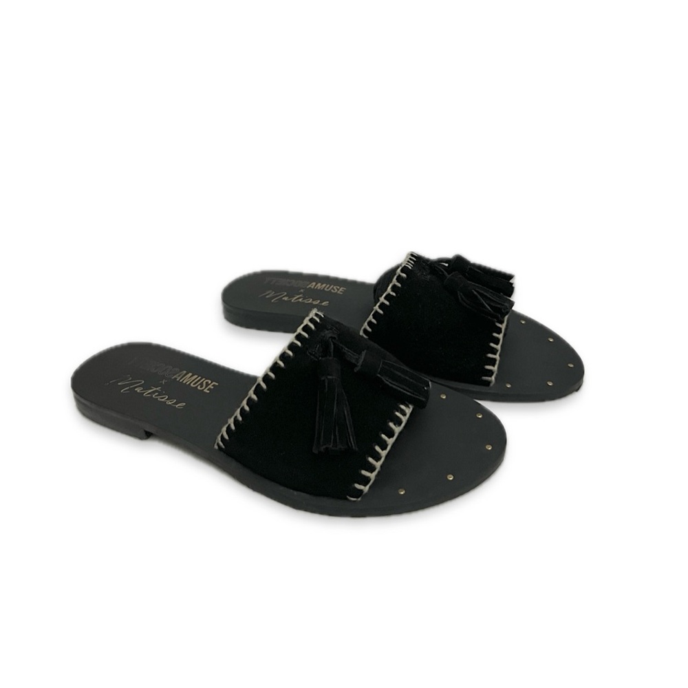amuse society x matisse island fever boho embroidered fringe slides | sz 6